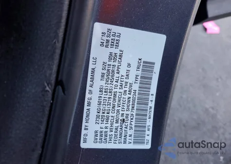 2019 Honda Ridgeline Rtl z USA, uszkodzony, nr VIN 5FPYK3F79KB002344